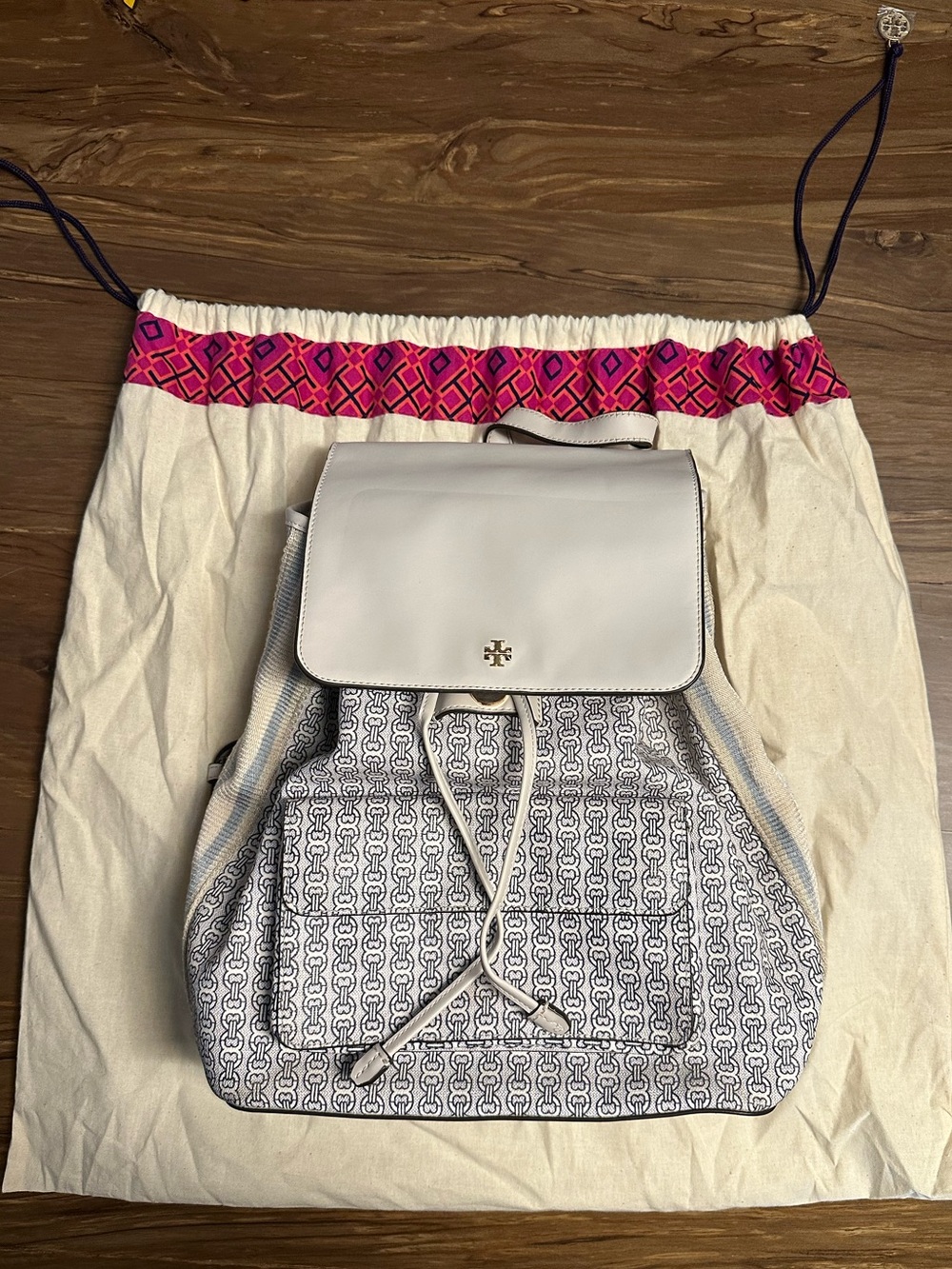Tory Burch Cream Monogram Drawstring Backpack with Leather Flap